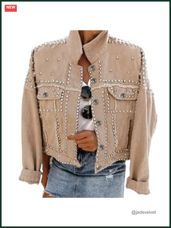 Jackets & Blazers - Distressed Washed Denim Jacket Women Cropped Studded White Jean Coat